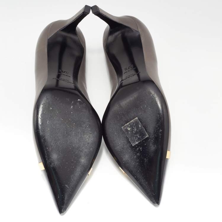 Pre Owned Saint Laurent Grey/Black Leather Metal Pointed Toe Pumps Size 37.5