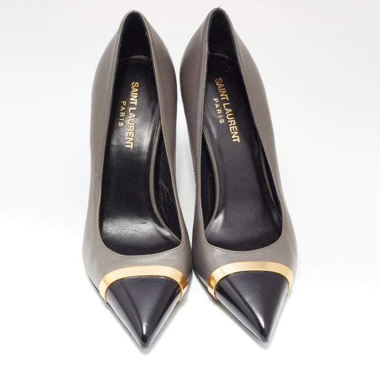Pre Owned Saint Laurent Grey/Black Leather Metal Pointed Toe Pumps Size 37.5
