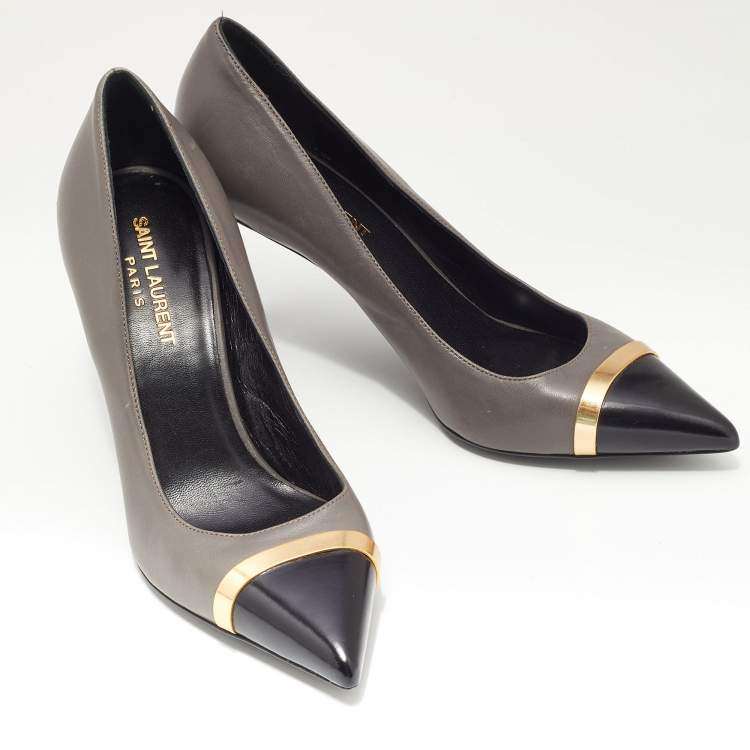 Pre Owned Saint Laurent Grey/Black Leather Metal Pointed Toe Pumps Size 37.5