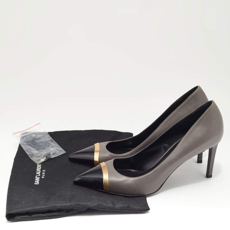 Pre Owned Saint Laurent Grey/Black Leather Metal Pointed Toe Pumps Size 37.5