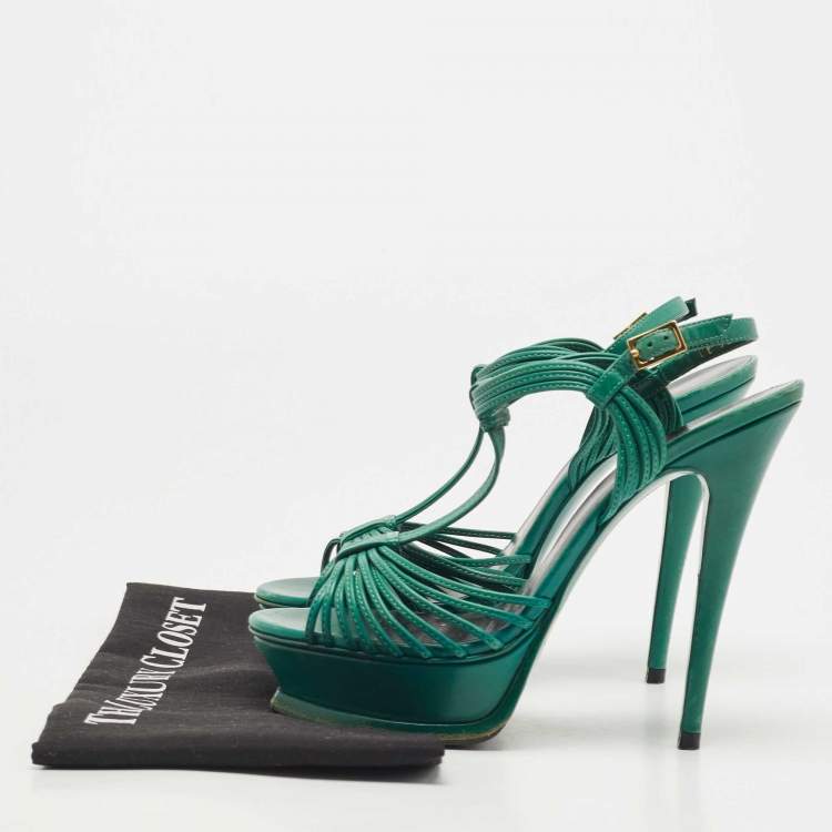 Pre Owned Saint Laurent Green Leather  Platform Ankle Strap Sandals Size 39