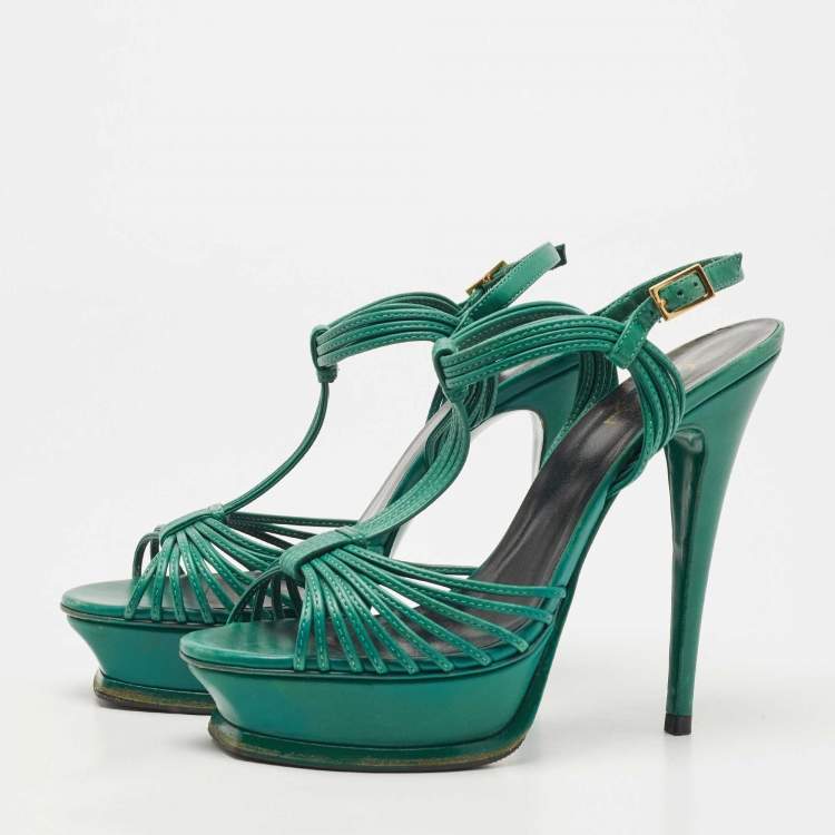 Pre Owned Saint Laurent Green Leather  Platform Ankle Strap Sandals Size 39