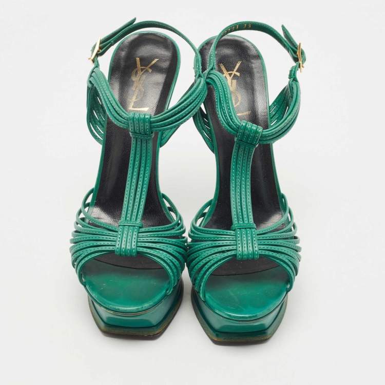 Pre Owned Saint Laurent Green Leather  Platform Ankle Strap Sandals Size 39