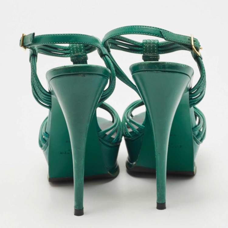 Pre Owned Saint Laurent Green Leather  Platform Ankle Strap Sandals Size 39