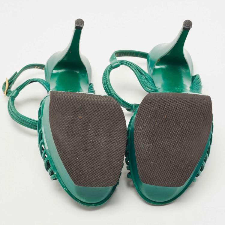Pre Owned Saint Laurent Green Leather  Platform Ankle Strap Sandals Size 39