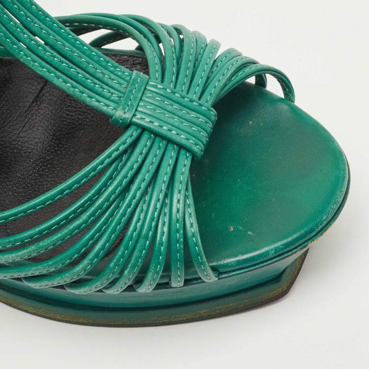 Pre Owned Saint Laurent Green Leather  Platform Ankle Strap Sandals Size 39