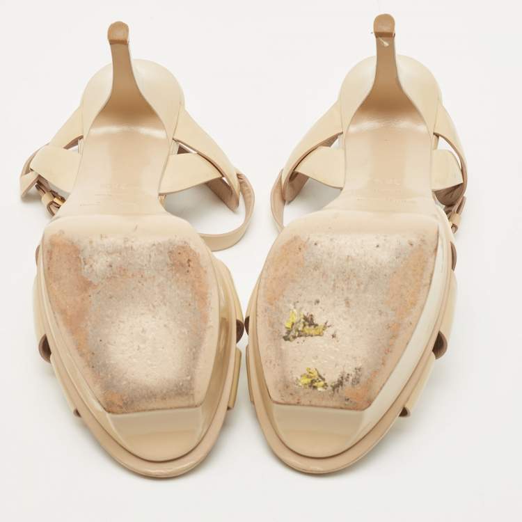 Pre Owned Saint Laurent Beige Patent Leather Tribute Sandals Size 38.5