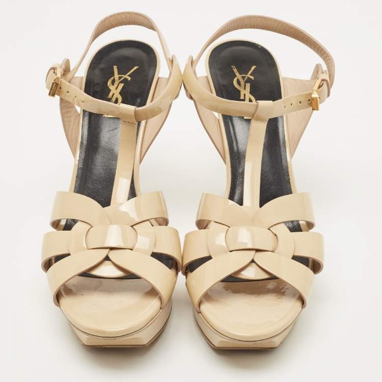 Pre Owned Saint Laurent Beige Patent Leather Tribute Sandals Size 38.5