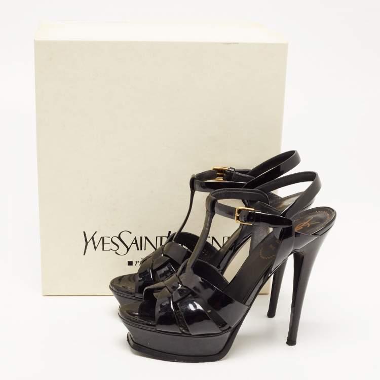 Pre Owned Saint Laurent Patent Patent Tribute Ankle Strap Sandals Size 38.5