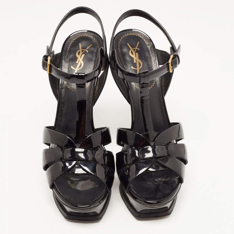 Pre Owned Saint Laurent Patent Patent Tribute Ankle Strap Sandals Size 38.5