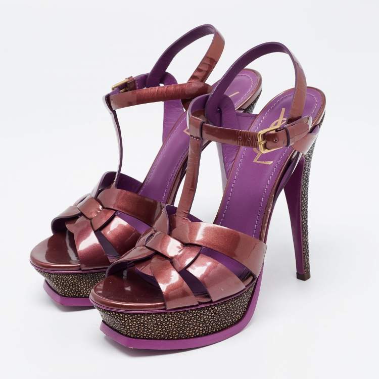 Pre Owned Saint Laurent Purple Patent Leather Tribute Sandals Size 38