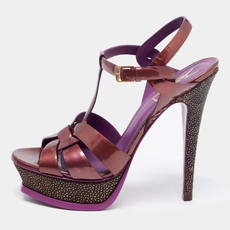 Pre Owned Saint Laurent Purple Patent Leather Tribute Sandals Size 38