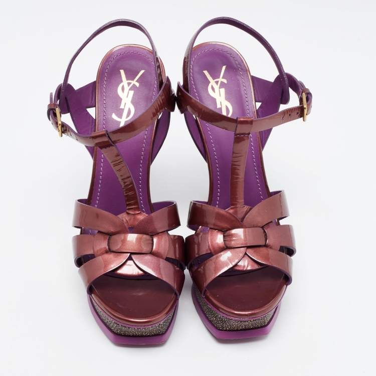 Pre Owned Saint Laurent Purple Patent Leather Tribute Sandals Size 38