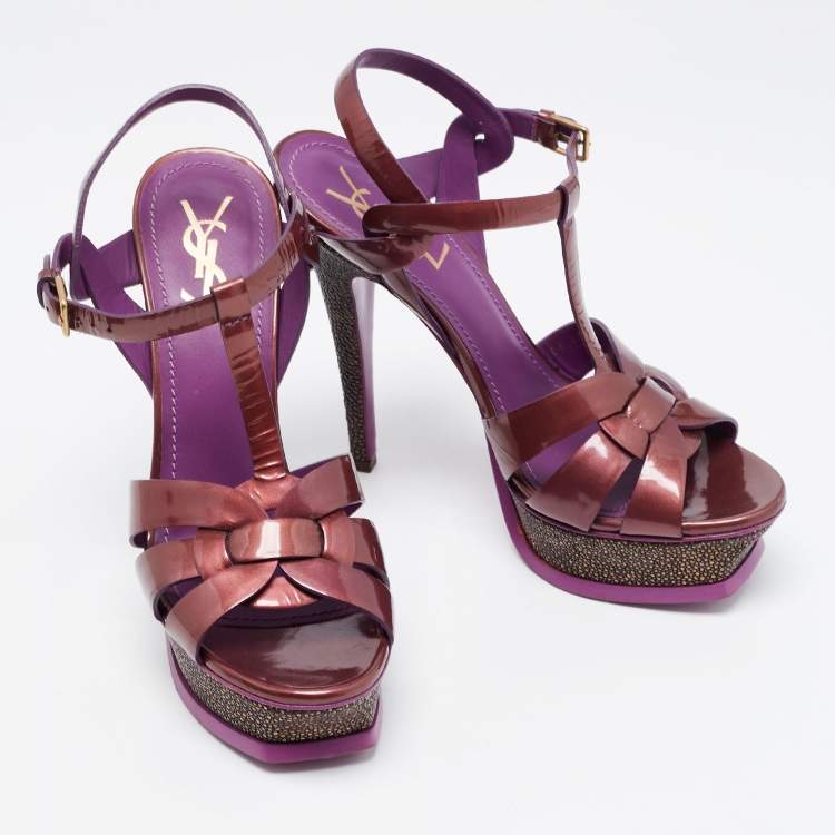 Pre Owned Saint Laurent Purple Patent Leather Tribute Sandals Size 38