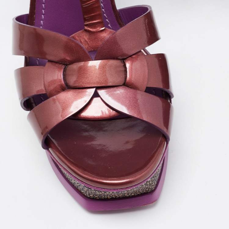 Pre Owned Saint Laurent Purple Patent Leather Tribute Sandals Size 38