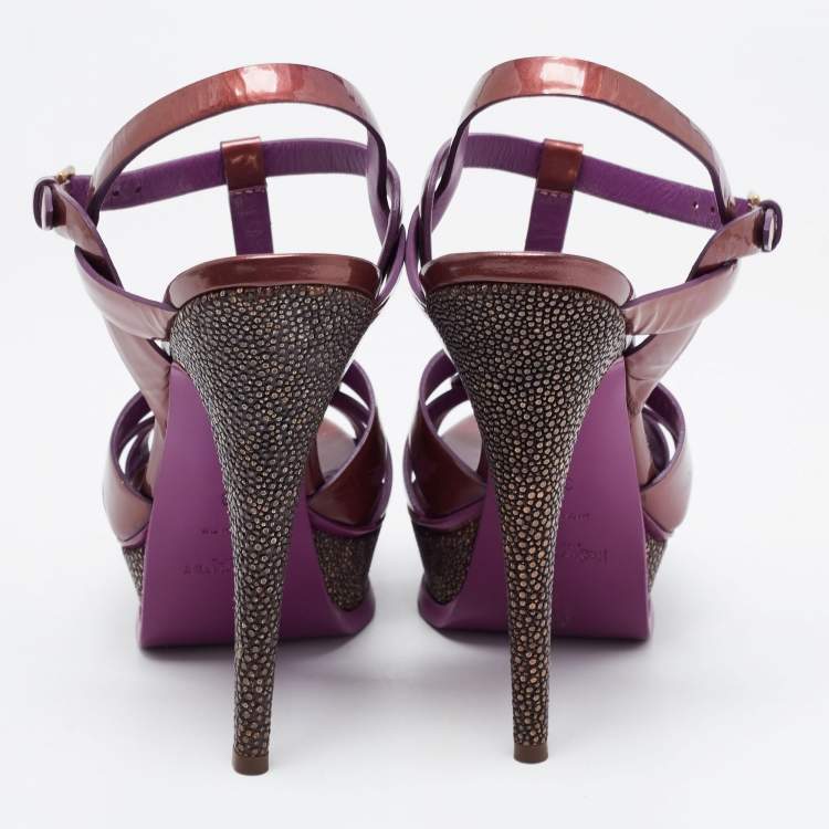 Pre Owned Saint Laurent Purple Patent Leather Tribute Sandals Size 38