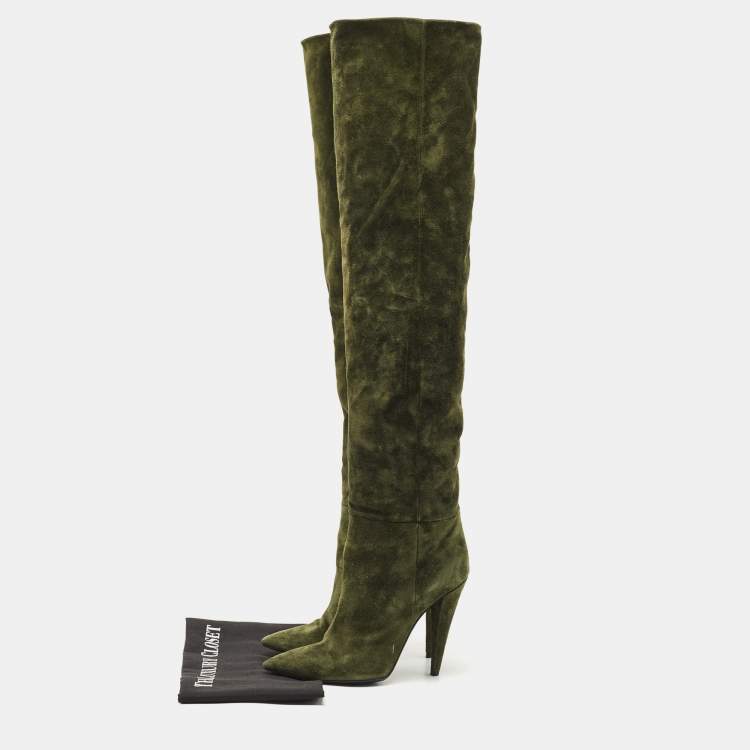 Pre Owned Saint Laurent Green Suede Over The Knees Boots Size 38.5