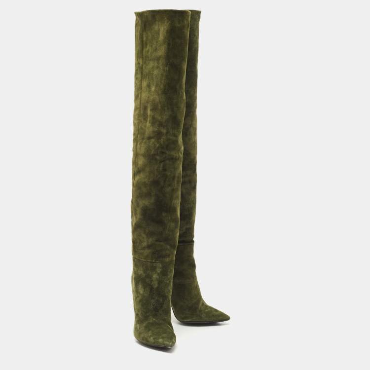Pre Owned Saint Laurent Green Suede Over The Knees Boots Size 38.5