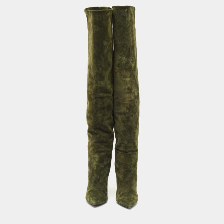 Pre Owned Saint Laurent Green Suede Over The Knees Boots Size 38.5