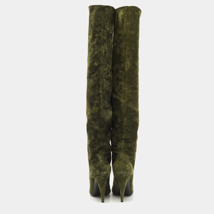 Pre Owned Saint Laurent Green Suede Over The Knees Boots Size 38.5