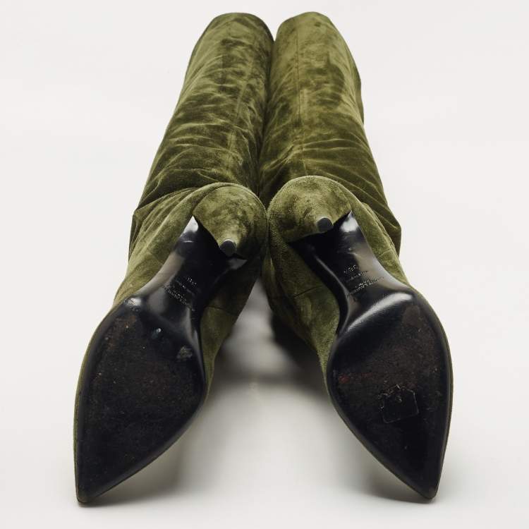 Pre Owned Saint Laurent Green Suede Over The Knees Boots Size 38.5