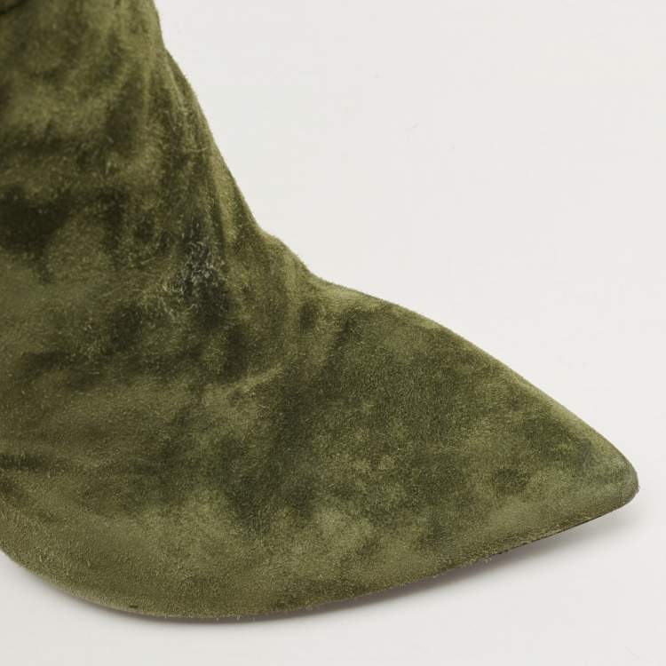 Pre Owned Saint Laurent Green Suede Over The Knees Boots Size 38.5