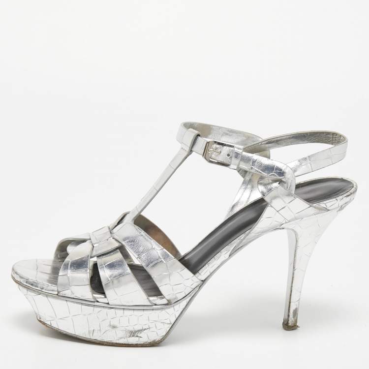 Pre Owned Saint Laurent Silver Croc Embossed Leather Tribute Sandals Size 38