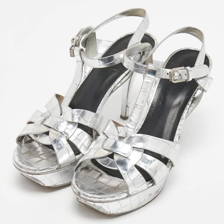 Pre Owned Saint Laurent Silver Croc Embossed Leather Tribute Sandals Size 38