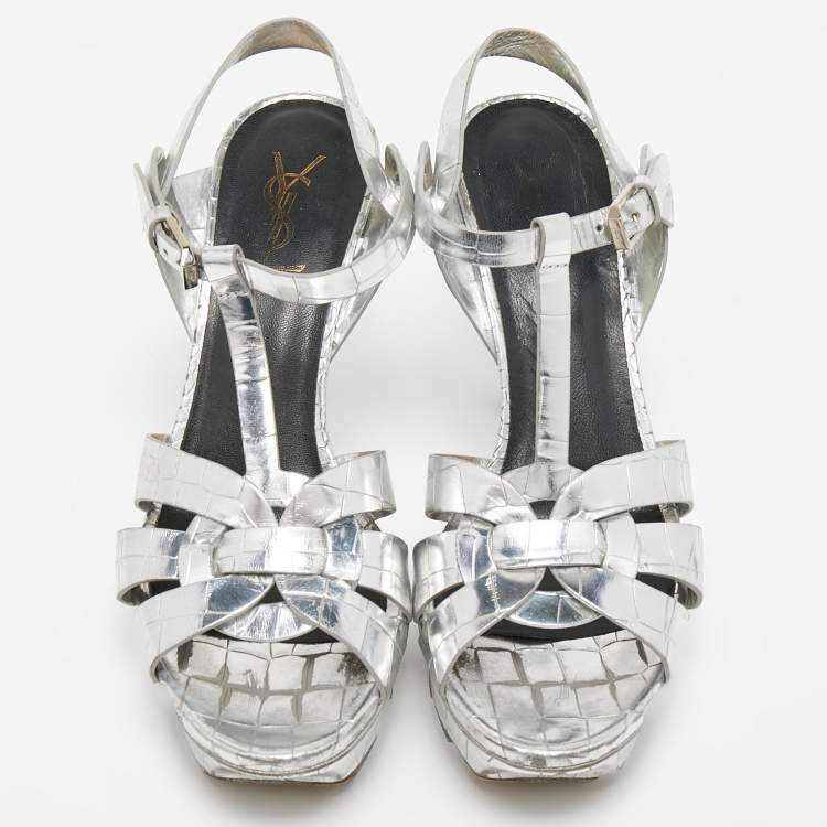 Pre Owned Saint Laurent Silver Croc Embossed Leather Tribute Sandals Size 38