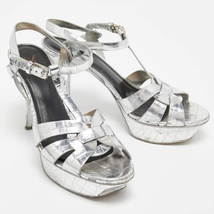 Pre Owned Saint Laurent Silver Croc Embossed Leather Tribute Sandals Size 38