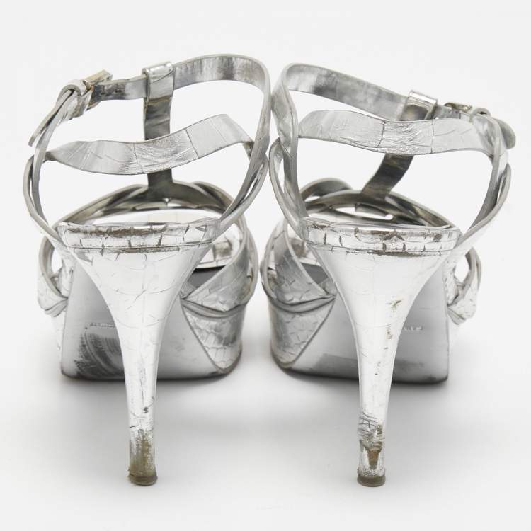 Pre Owned Saint Laurent Silver Croc Embossed Leather Tribute Sandals Size 38