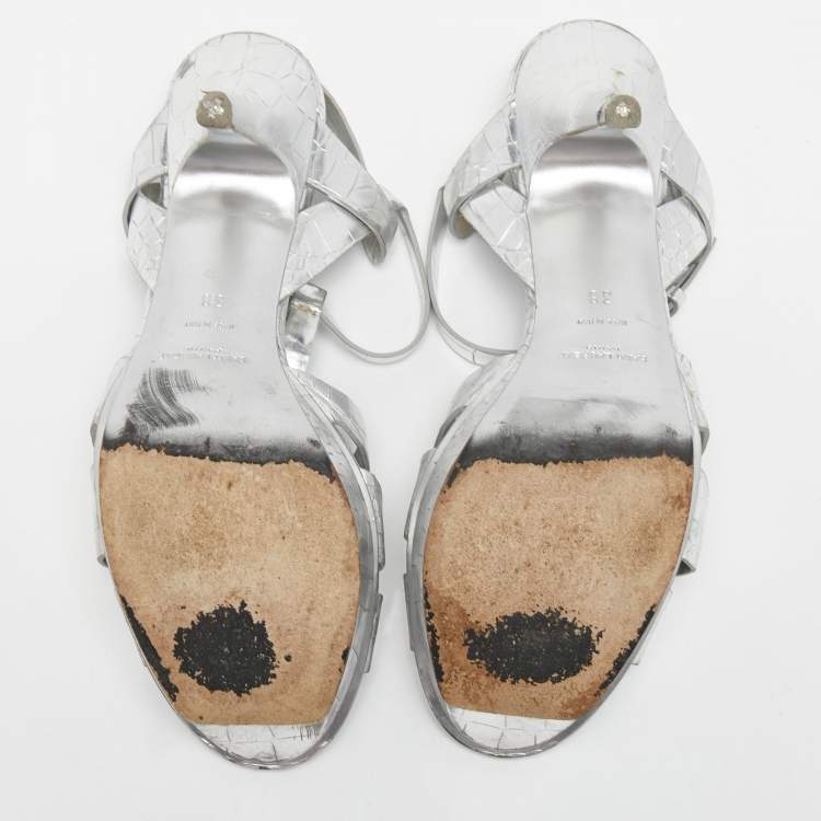 Pre Owned Saint Laurent Silver Croc Embossed Leather Tribute Sandals Size 38