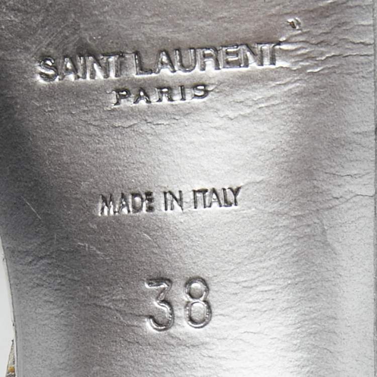 Pre Owned Saint Laurent Silver Croc Embossed Leather Tribute Sandals Size 38