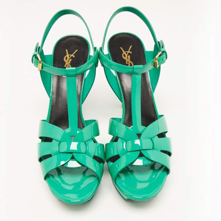 Pre Owned Saint Laurent Green Patent Leather Tribute Ankle Strap Sandals Size 40.5