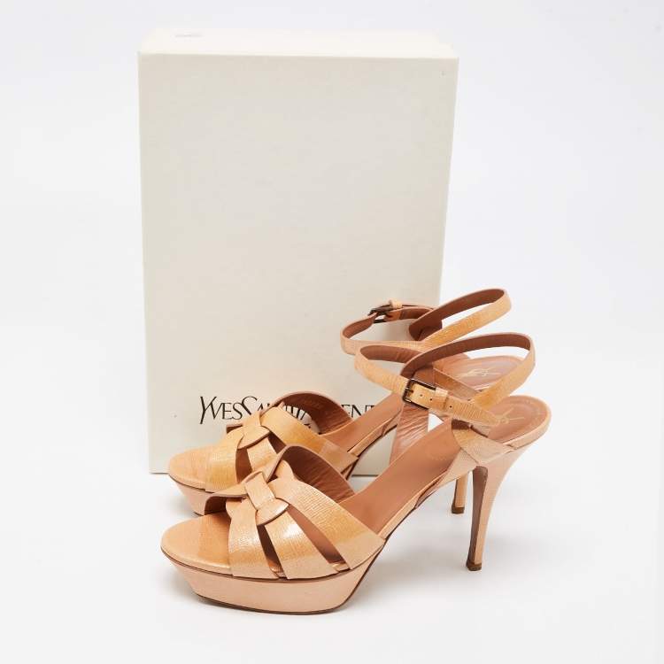 Pre Owned Saint Laurent Beige Patent Leather Tribute Ankle Strap Sandals Size 41