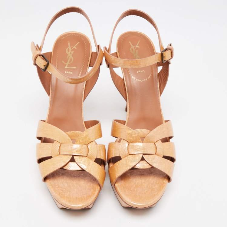 Pre Owned Saint Laurent Beige Patent Leather Tribute Ankle Strap Sandals Size 41