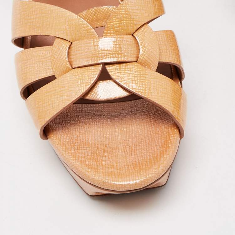 Pre Owned Saint Laurent Beige Patent Leather Tribute Ankle Strap Sandals Size 41
