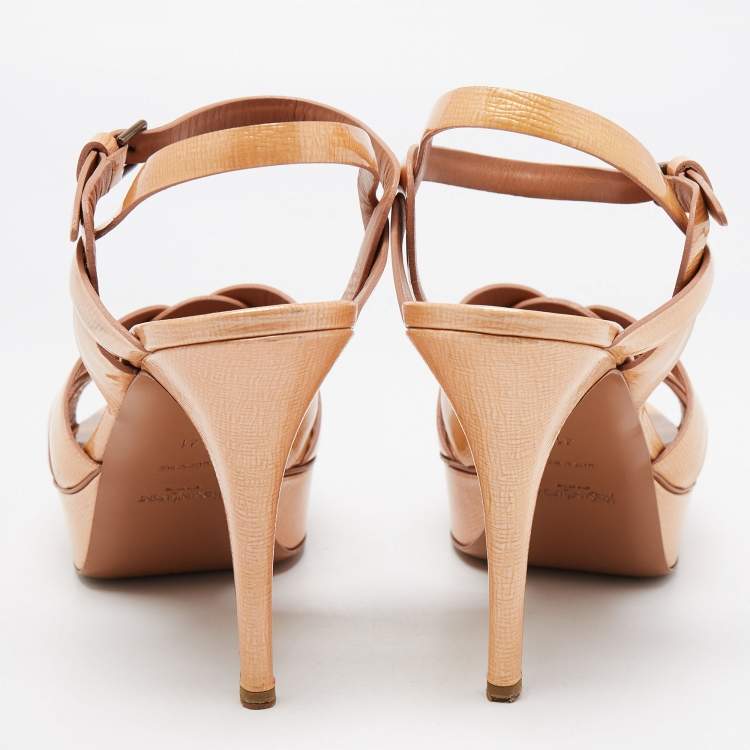 Pre Owned Saint Laurent Beige Patent Leather Tribute Ankle Strap Sandals Size 41