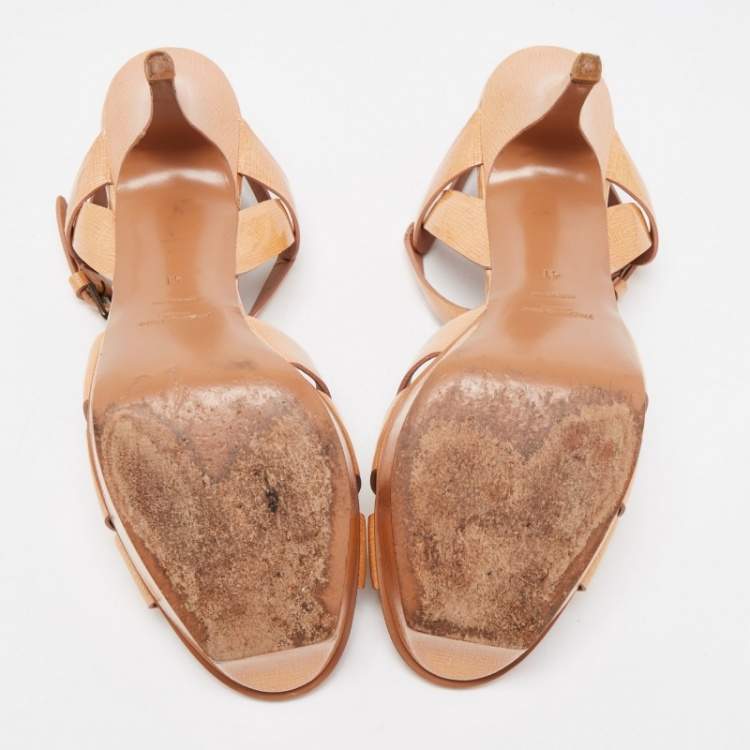 Pre Owned Saint Laurent Beige Patent Leather Tribute Ankle Strap Sandals Size 41