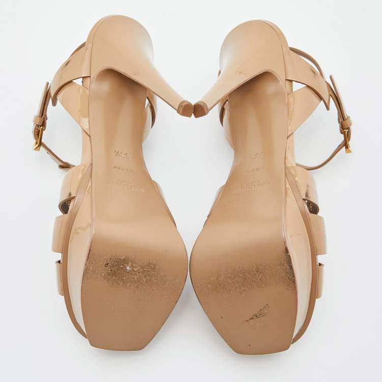 Pre Owned Saint Laurent Beige Patent Leather Tribute Ankle Strap Sandals Size 38.5