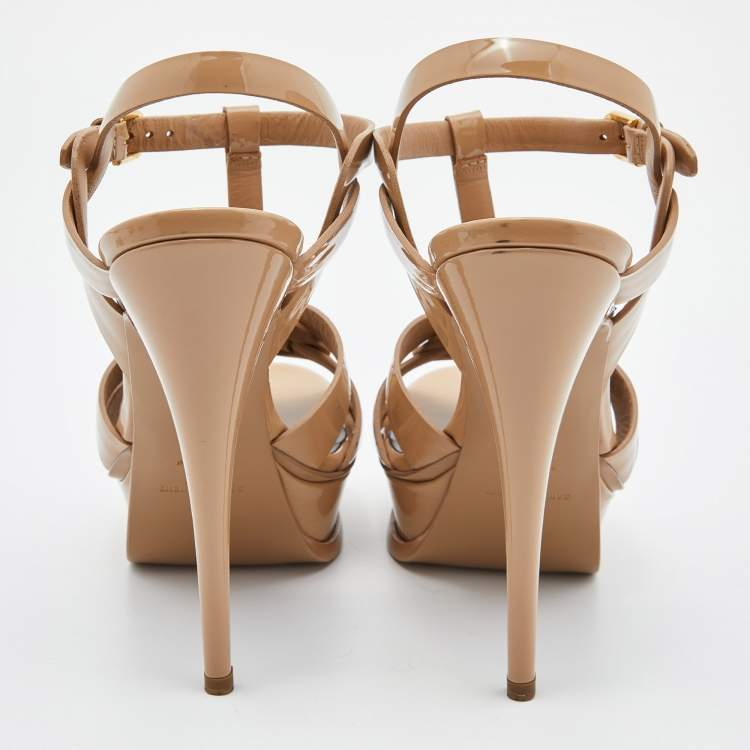 Pre Owned Saint Laurent Beige Patent Leather Tribute Ankle Strap Sandals Size 38.5