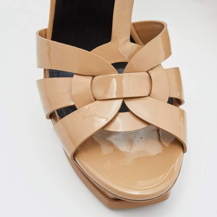 Pre Owned Saint Laurent Beige Patent Leather Tribute Ankle Strap Sandals Size 38.5