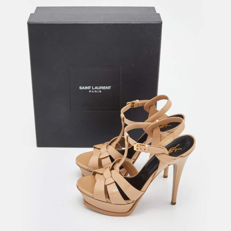 Pre Owned Saint Laurent Beige Patent Leather Tribute Ankle Strap Sandals Size 38.5