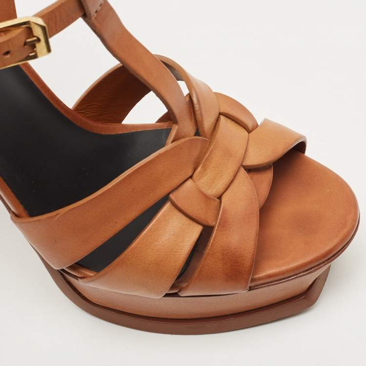 Pre Owned Saint Laurent Brown Leather Tribute Ankle Strap Sandals Size 37