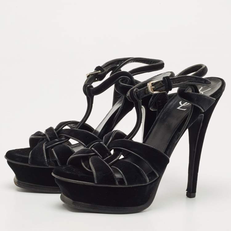 Pre Owned Saint Laurent Black Velvet Tribute Sandals Size 38
