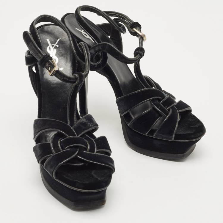 Pre Owned Saint Laurent Black Velvet Tribute Sandals Size 38