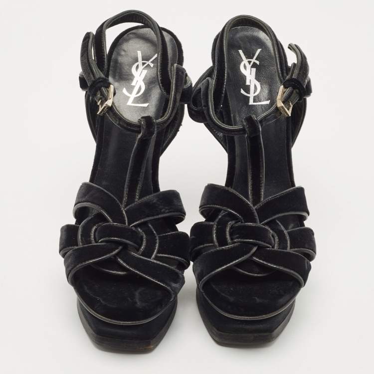 Pre Owned Saint Laurent Black Velvet Tribute Sandals Size 38