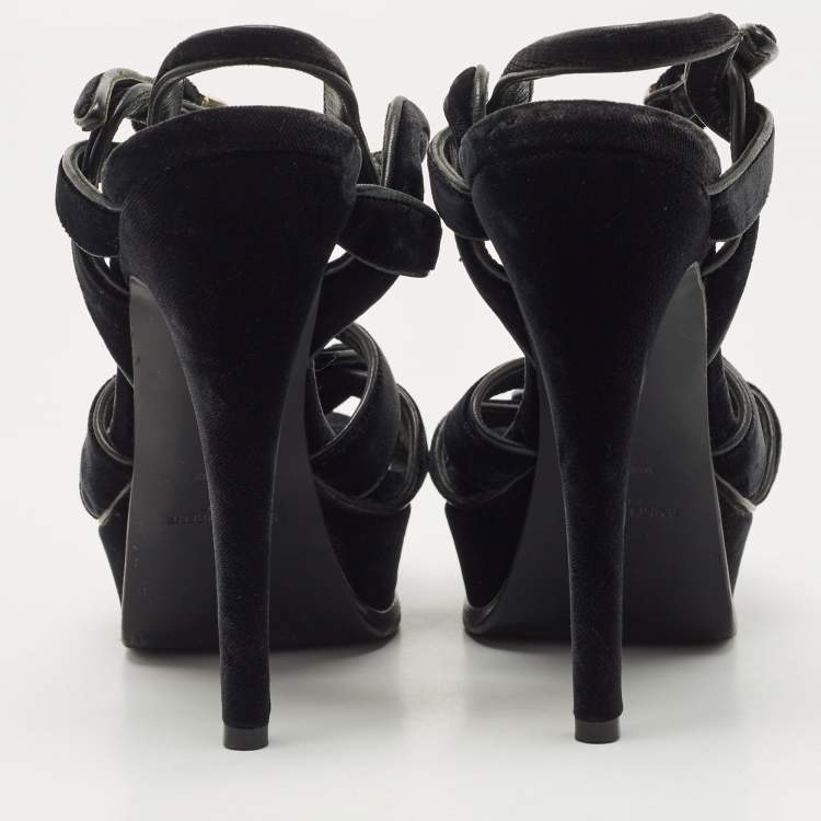 Pre Owned Saint Laurent Black Velvet Tribute Sandals Size 38