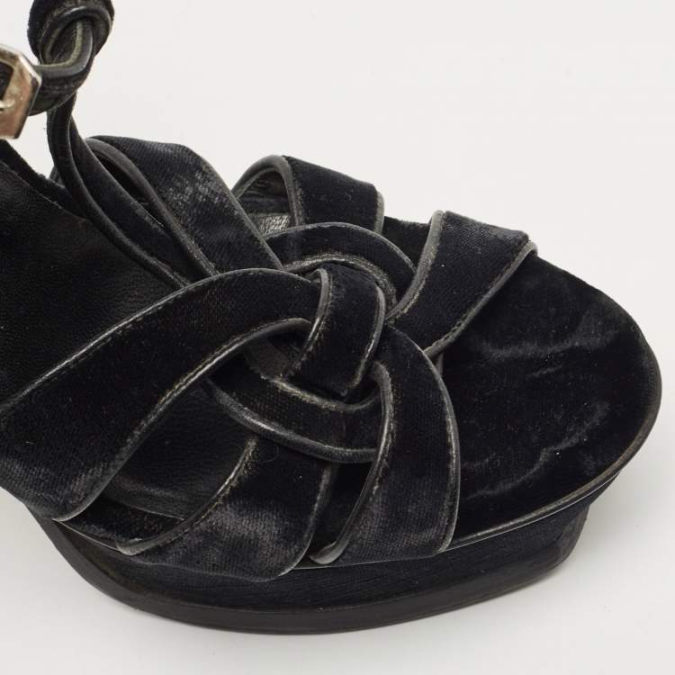 Pre Owned Saint Laurent Black Velvet Tribute Sandals Size 38