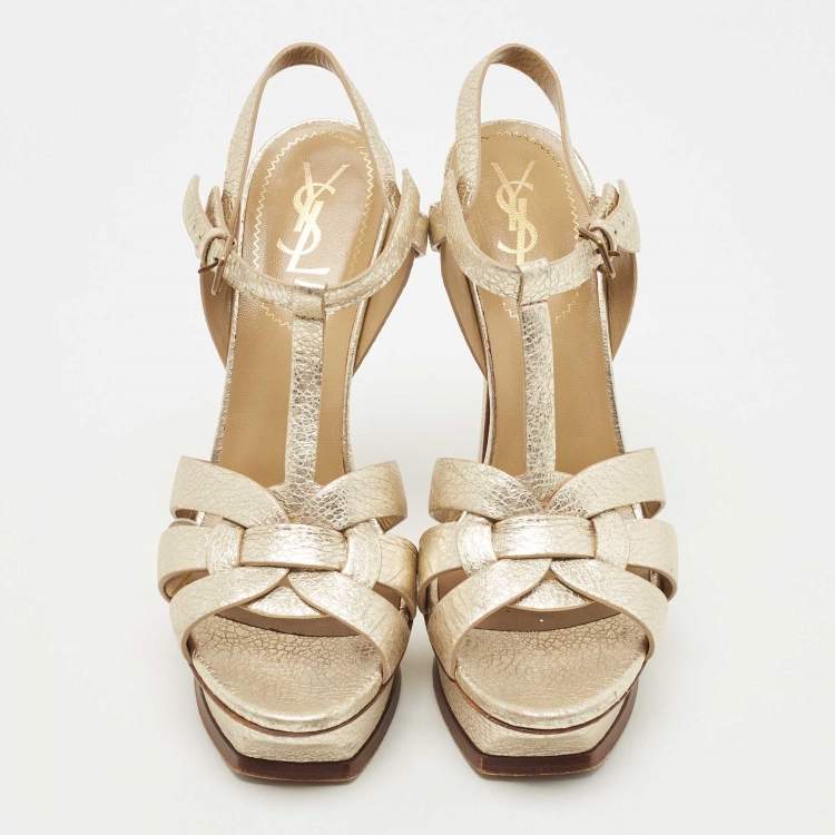 Pre Owned Saint Laurent Gold Texture Leather Tribute Sandals Size 39